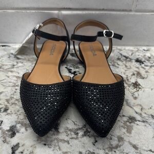 Soda Black Rhinestone Pointed-Toe Ankle-Strap Flats NWT - Size 7
